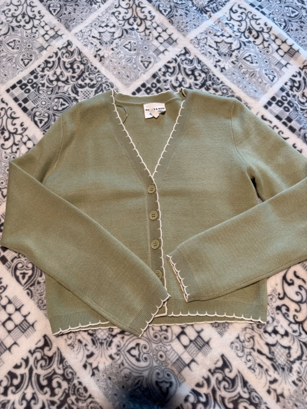 Sage Green Button-Front Scallop-Trim Cardigan